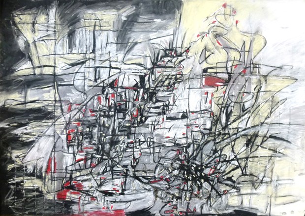 Gridlock (2014, charcoal, pastel chalk and masking tape on paper, 99cm x 75cm)I drew this image from memory and using blind drawing, after spending time in rush-hour traffic jams; it is about the stress, entrapment, road rage fear and the wish to escape and day-dreaming while waiting for the (evening) traffic on University Boulevard to flow again.