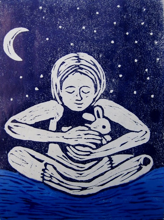 Child with rabbit (linocut print)