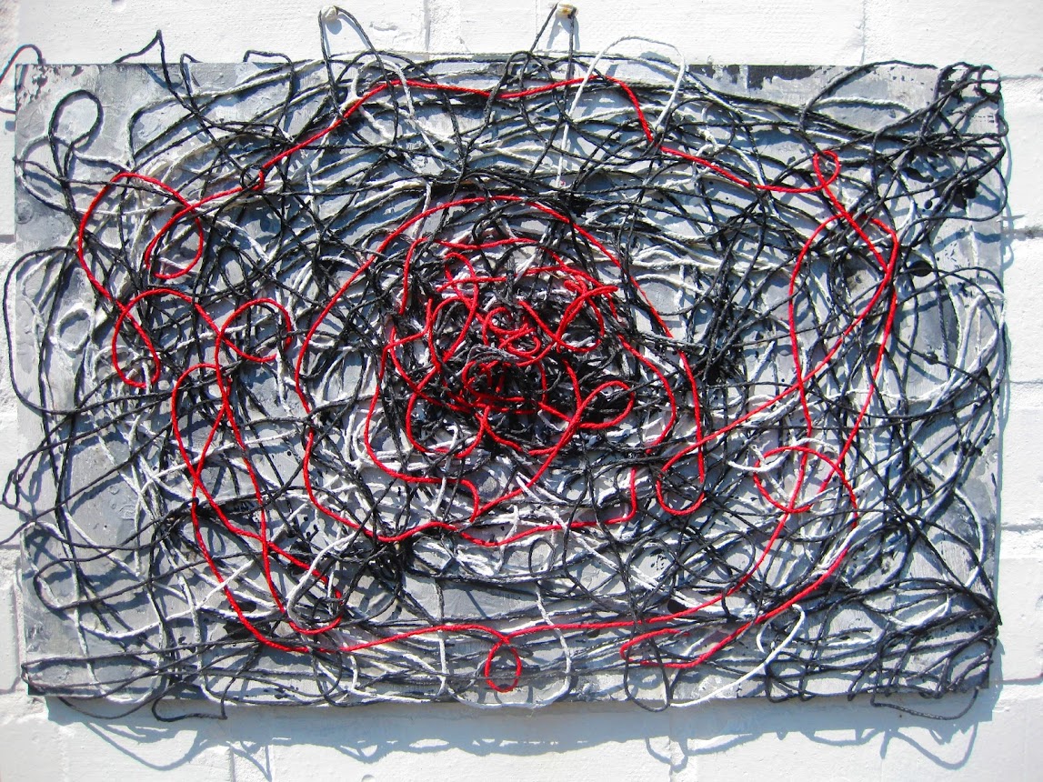 Red Thread 1 (thread, acrylic, gesso on board)