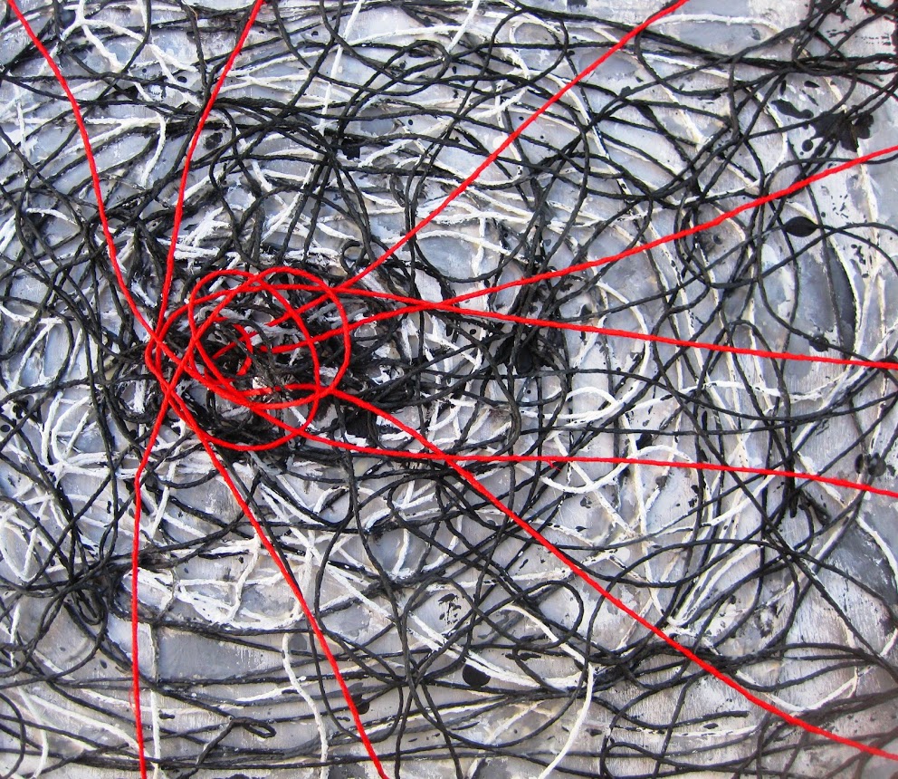 Red Thread 2  (cord, acrylic, gesso on board)