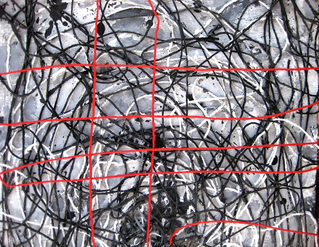 Red Thread 3 web (cord, acrylic, gesso on board)