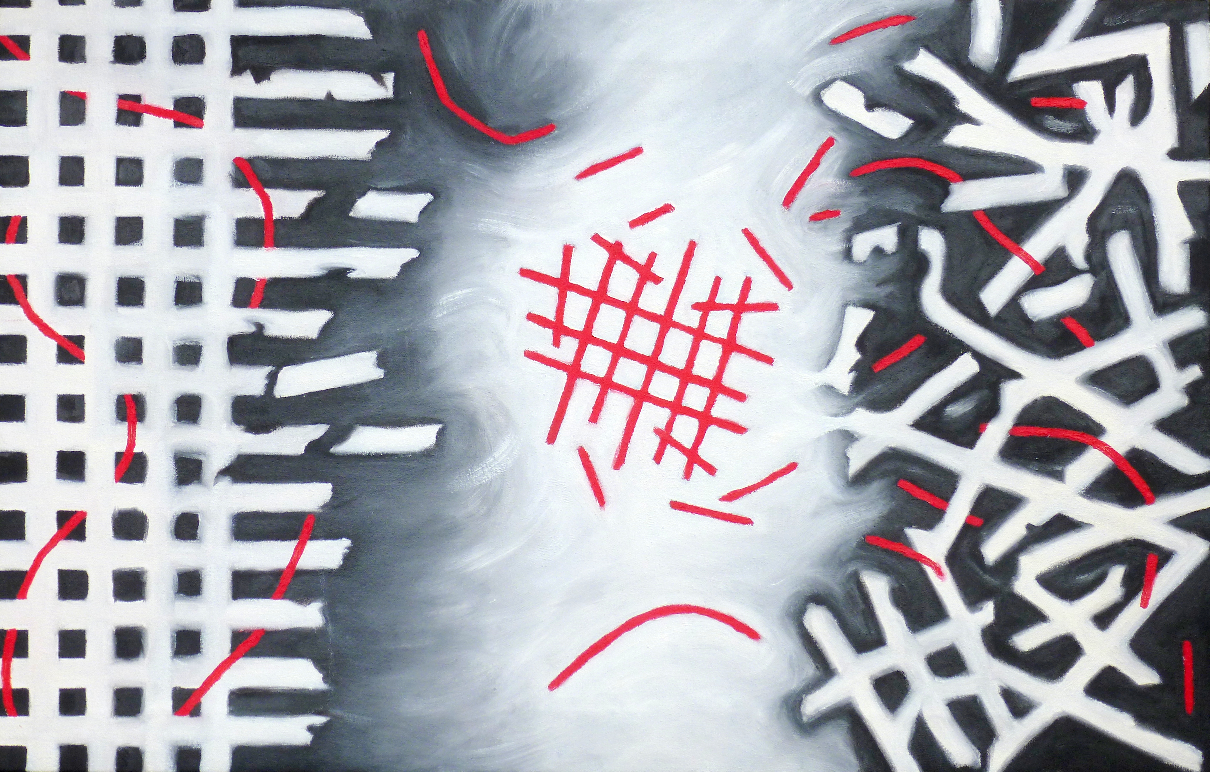 Dissolution (Oil on canvas, 50cm x 80cm)I used the grid to express a process of dissolution and falling-apart, but also of the fragility of stability and liberation. I contrasted static geometric elements with loose outlines and brushwork to create a sense of movement.