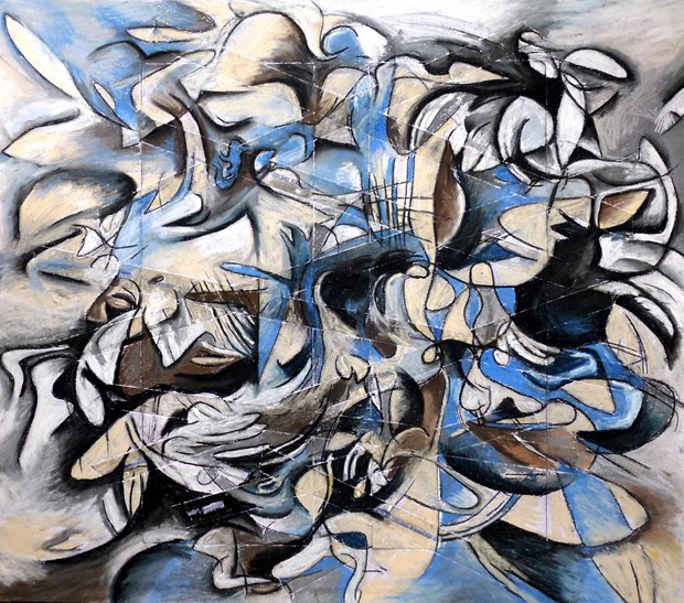 Encounters (2014, charcoal and pastel chalk on canvas, 89cm x 89cm)A trellis-like grid encountering biomorphic, fluid shapes; structure vs chaos; reason vs the irrational.