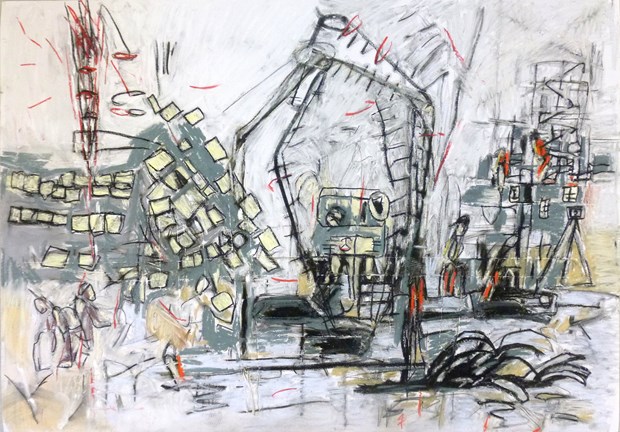 Next Door (2014, 100cm x 75cm)This drawing is a largely blind drawing and emotive response to the building site next to the Nottingham University Fine art studio on Triumph Road near Jubilee Campus.