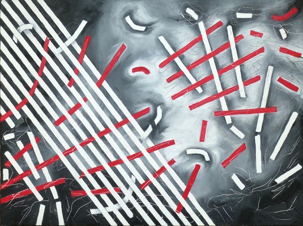 Breaking Away (2014, oil on canvas, 80cm x 60cm)An apparently stable, linear structure, becomes disrupted by contrasting, interweaving elements. These strips break out of the static system and precipitate a process of falling-apart. Some fragments loosely reassemble, others gain a life of their own, floating in space. A state of dissolution, a process of transformation - of liberation? Breaking points and small sgraffito gestures also function as disruptive elements, indicating loss of control and emotive expression contrasting with impersonal, strictly geometric aspects. The tension between stasis becoming superseded by movement is conveyed through a variety of formal elements (diagonals, gestures, tonal gradients, spatial illusion). The image reflects the uncertainties of life, transience, constant change and our desire for freedom and movement. It suggests rejection of strict, repressive rules and rigidity. It raises the possibility that a better situation/condition might emerge out of breakdown or disintegration, but simultaneously sheds doubt on this.