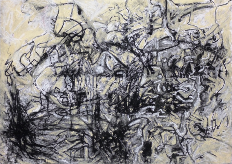 Quest (2014, charcoal, pastel, chalk and masking tape on paper, 42cm x 59cm)Shortlisted for the <A href="http://jerwoodvisualarts.org/3511/Jerwood-Drawing-Prize-2014/394"
						target="_blank">2014 Jerwood Drawing PrizeThe drawing ‘Quest’ evolved through an exploratory, searching process, which involved tapping into the subconscious using touch and surrealist-inspired blind and automatic drawing to access my creative impulses. It speaks of the intangible, of psychological and emotional responses to the uncertainties of life. The image raises doubts and questions rather than providing answers, hovering between dissolution and becoming, between presence and absence. Its meaning remains cryptic, elusive and unresolved.
Order and balance have been displaced and overcome by subversive forces, e.g. violence, despair and anxiety, leading to instability and chaos. Almost paradoxically, new possibilities emerge, leaving the image open-ended. 