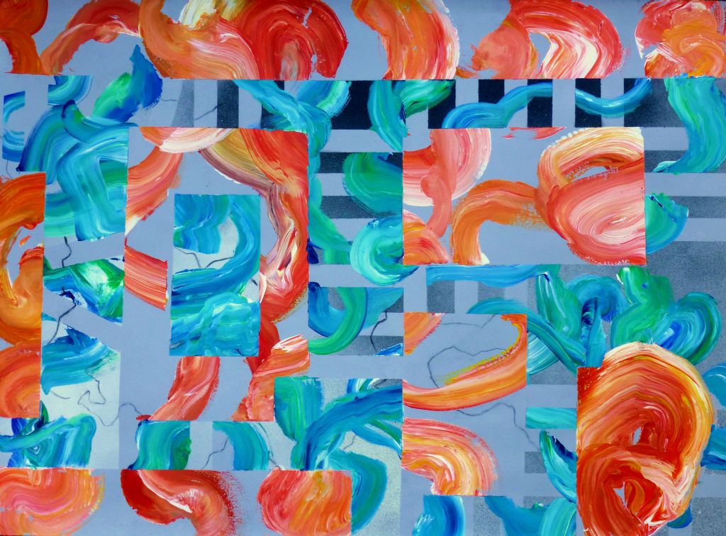 Untitled (geometry-gesture)  (acrylic, spray paint on paper)
