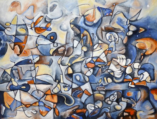 When I went for a walk (2014, 80cm x 60cm)Paul Klee said that a line is a dot that went for a walk and in this image I allowed 'dots' of crumbled charcoal pieces, by touching and moving them with my hands, to 'walk' across the canvas and through imaginary space - allowing dots to become lines, shapes and by introduction of paint, tones until an image evolved. I combined subconscious, spontaneous process with conscious decision-making. John Muir's statement also inspired me when he said that he only went out for a walk and finally concluded 'to stay out till sundown, for going out, he found, was really going in'.
